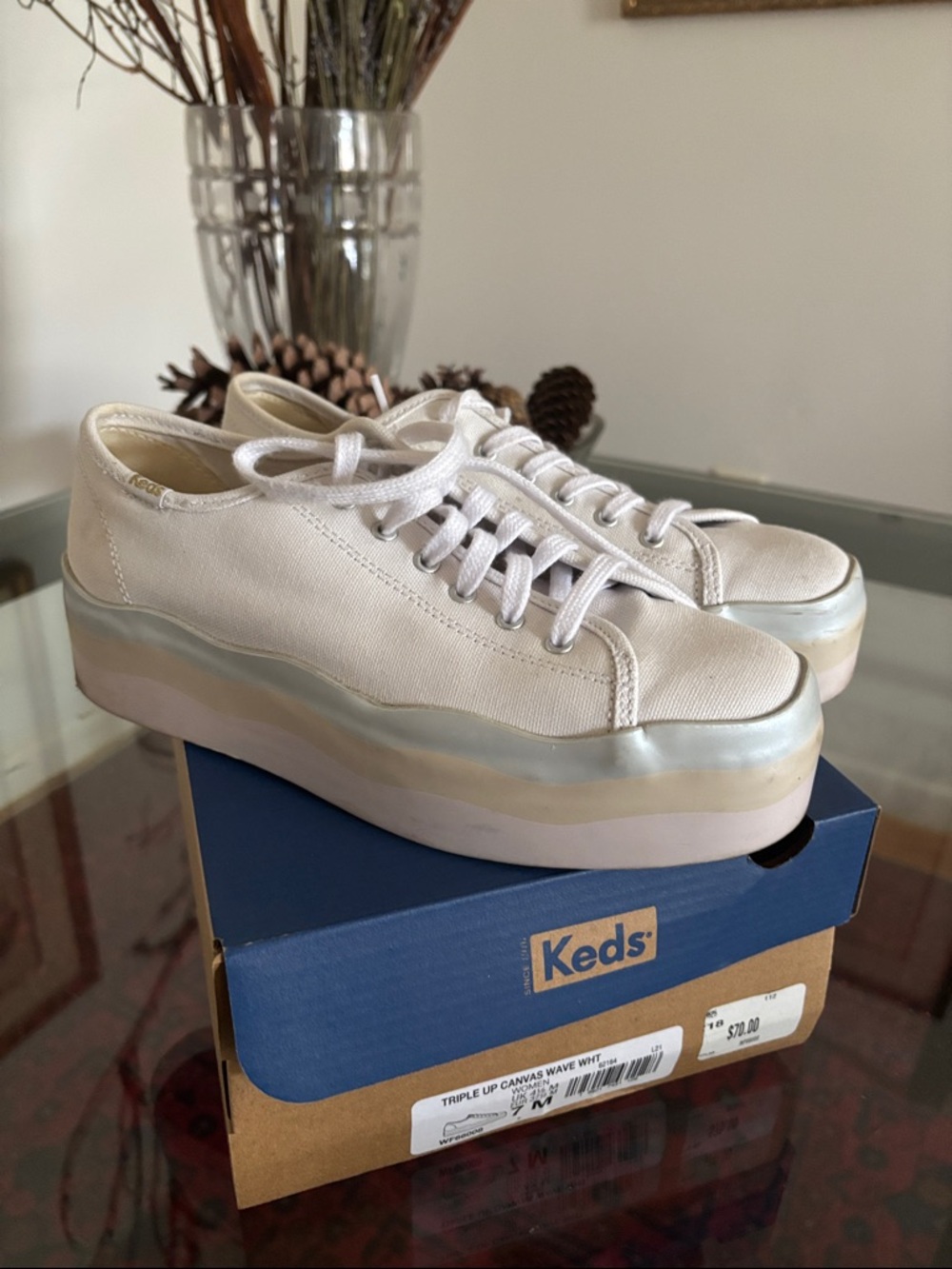 Keds White Platform Canvas Sneakers – Low Top Lace Up Casual Shoes